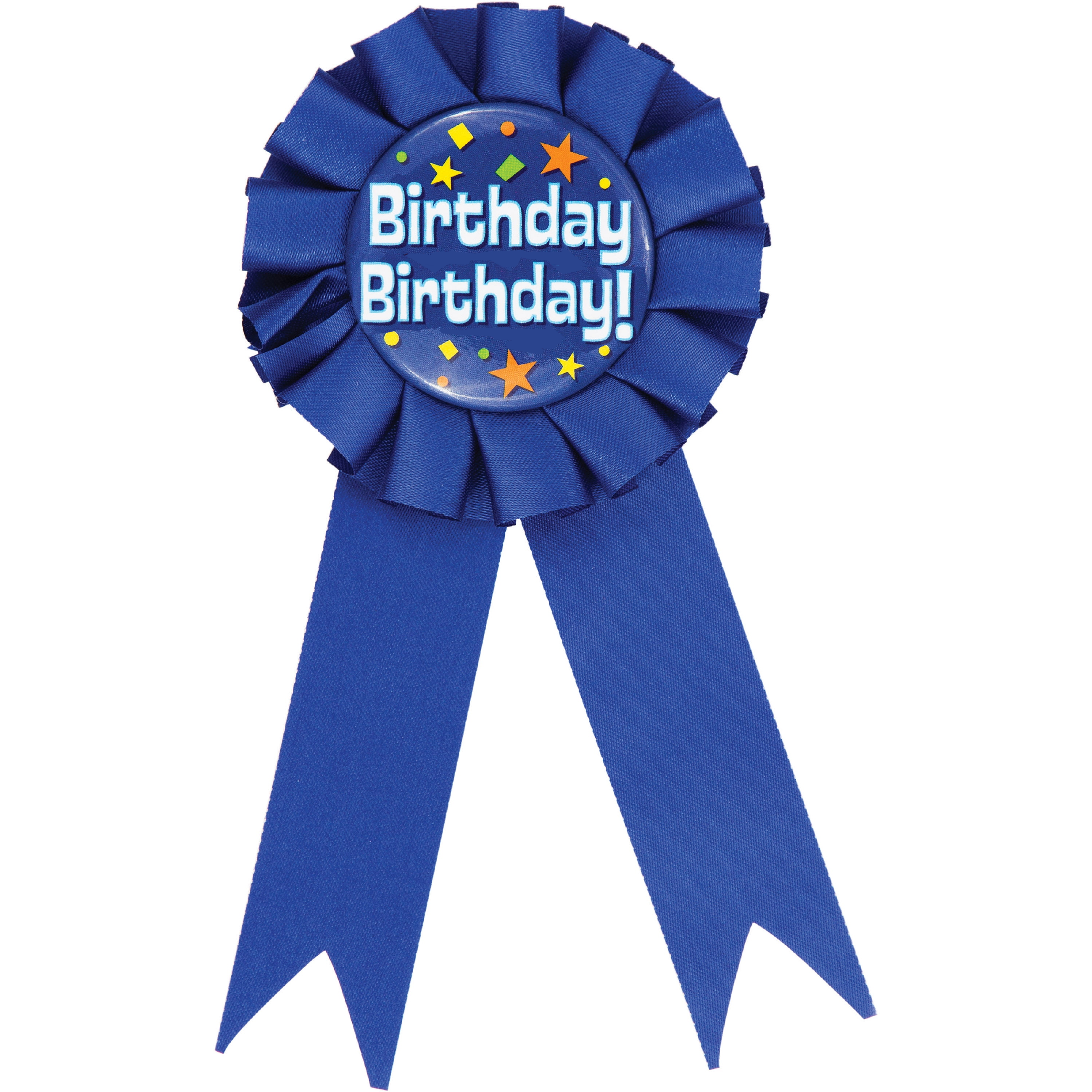 Photo of a blue and white Birthday Boy ribbon badge, edited to read Birthday Birthday
