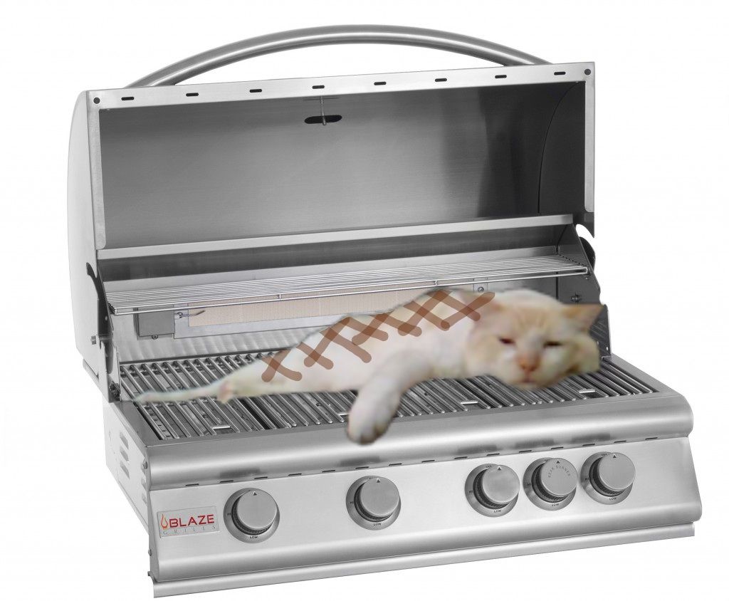 A white cat edited to be lying on a grill, with griddle marks on his back