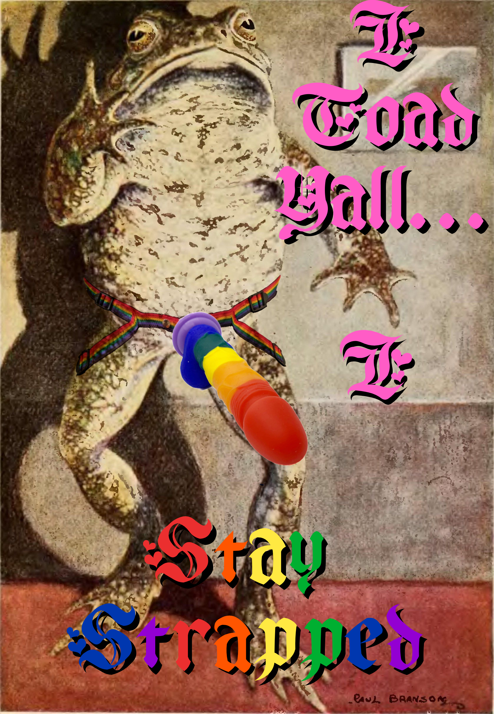 image of a painting of a toad standing on two legs, edited to look like the toad is wearing a strap on. The image reads 'I toad yall... I stay strapped.